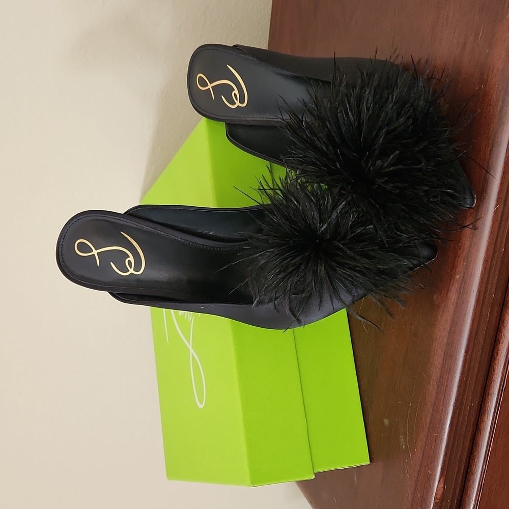 Sam Edelman Anthony Black Satin Feathered Mules Sz 9.5